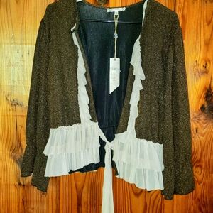 Chic Brown and White Ruffled Cardigan